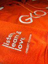 Load image into Gallery viewer, LISTEN, LEARN, & LOVE PREMIUM HOODIE (ORANGE)