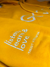 Load image into Gallery viewer, LISTEN, LEARN, & LOVE PREMIUM HOODIE (GOLDEN YELLOW)
